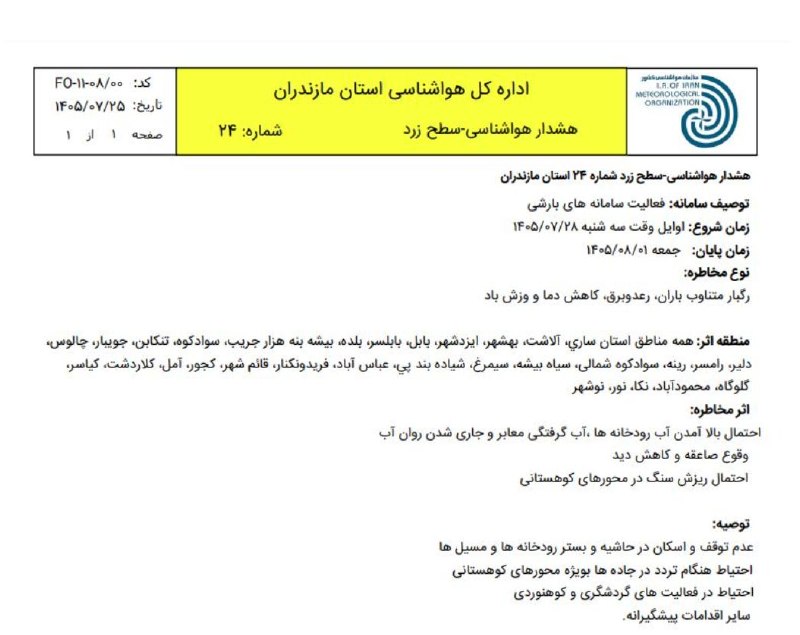 هشدار سطح زرد هواشناسی